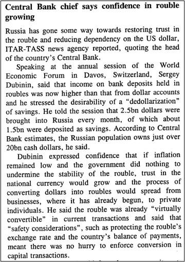 ITAR-TASS News Agency (World Service), February 5, 1996. From Readex: BBC Monitoring: Summary of World Broadcasts