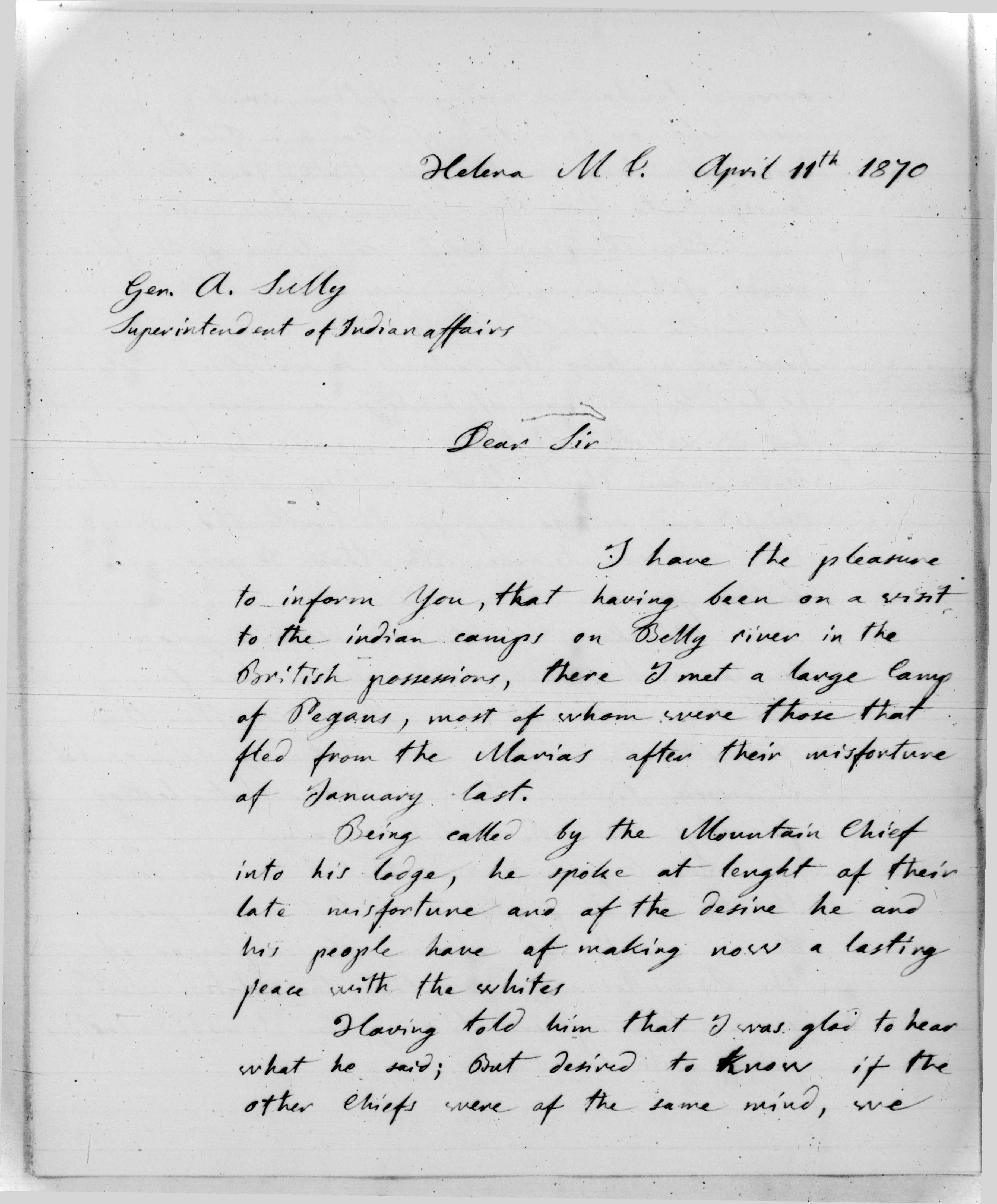 Letter from Camillus Imoda to Maj. Gen. Alfred Sully, April 11, 1870, p 1-3.