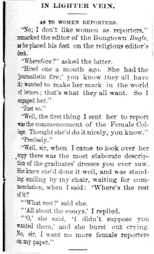 In Lighter Vein. As to Women Reporters. Duluth Daily News. September 10, 1887. From Early American Newspapers, 1690-1922.